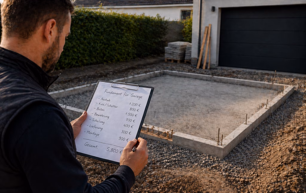 Fundament für Garage mit Bodenplatte und Kostenübersicht bei Einfamilienhaus